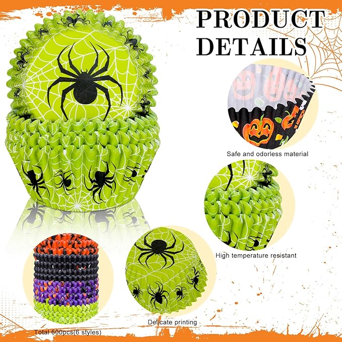Whaline 600Pcs Halloween Cupcake Liners Pumpkin Witch Legs Bats Ghosts Spider Skulls Cupcake