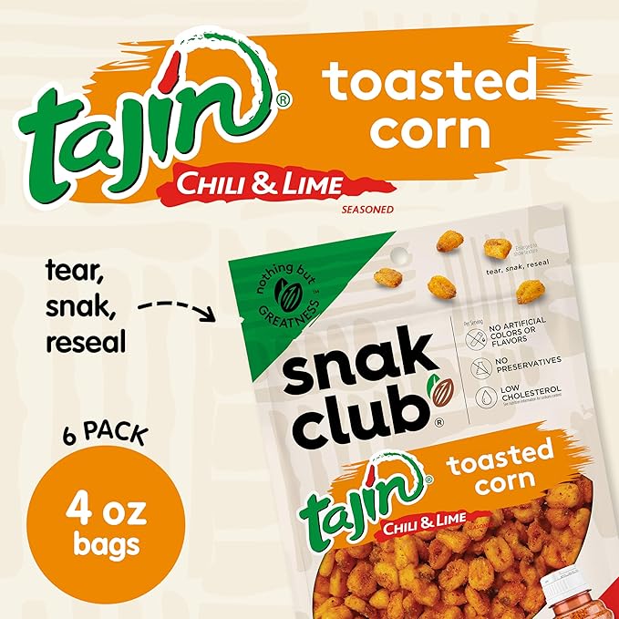 Snak Club Tajin Toasted Corn, Roasted Corn Nuggets with Chili and Lime Seasoning, Mild, Non-GMO