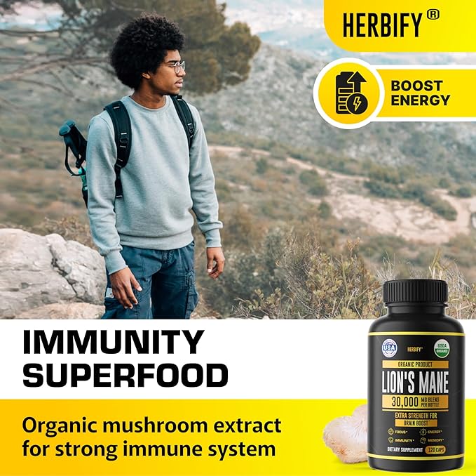 HERBIFY Lions Mane Supplement - Daily Mushroom Supplement for Memory, Focus & Clarity - Brain