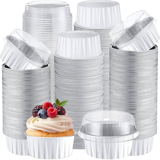 Gejoy 400 Pcs Aluminum Foil Baking Cups with Lids 5 oz Disposable Ramekins Mini Cake Pans Creme