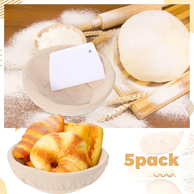 Nuogo Set of 5 Banneton Bread Proofing Basket 8.5 inch Round Sourdough Proofing Basket Bowl with