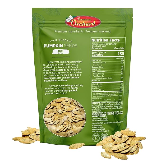 PREMIUM ORCHARD Flavored Pumpkin Seeds Oven Roasted | Dill Flavor | High Protein Snacks for Kids