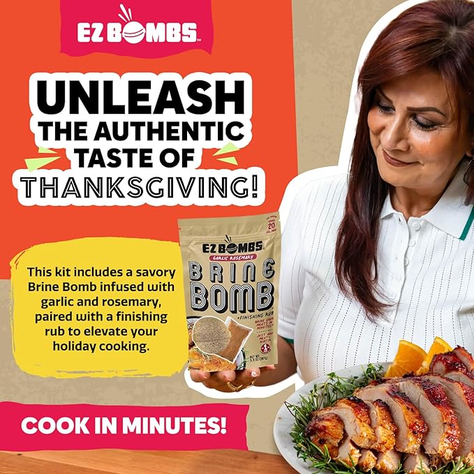 EZ Bombs Garlic Rosemary Brine Bomb Seasoning with Finishing Rub, Pack of 1 – All-in-One Turkey