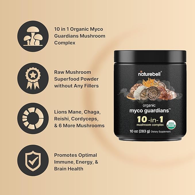 NatureBell Organic Mushroom Powder, 10oz | 10-in-1 Adaptogenic Blend with Lion’s Mane, Reishi