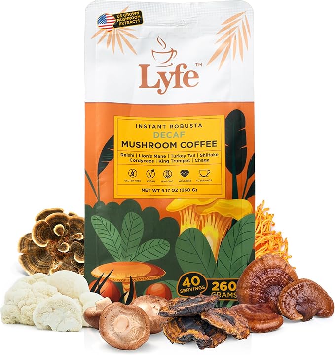 LYFE Organic Instant Decaf Mushroom Coffee ??Lion?™s Mane, Chaga, Cordyceps, Turkey Tail | USA