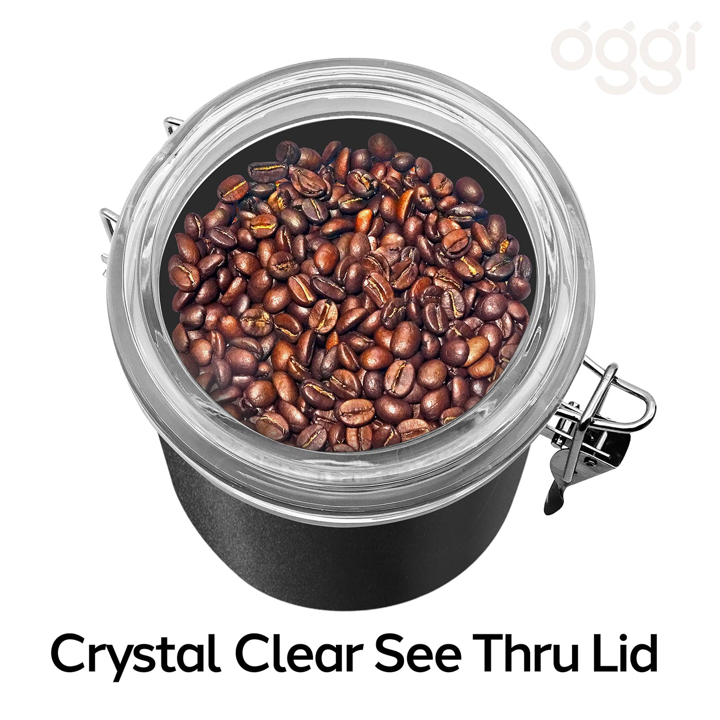 Oggi Stainless Steel Kitchen Canister 47 fl oz, Black - Airtight Clamp Lid, Clear See-Thru Top
