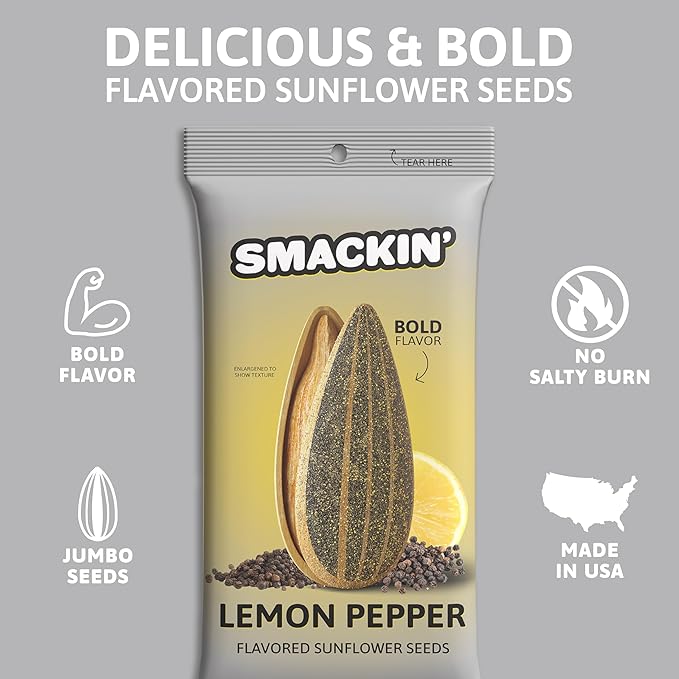 SMACKIN' Sunflower Seeds, Roasted Jumbo Small-Batch, American Made - Lemon Pepper. 1.5oz bags (36