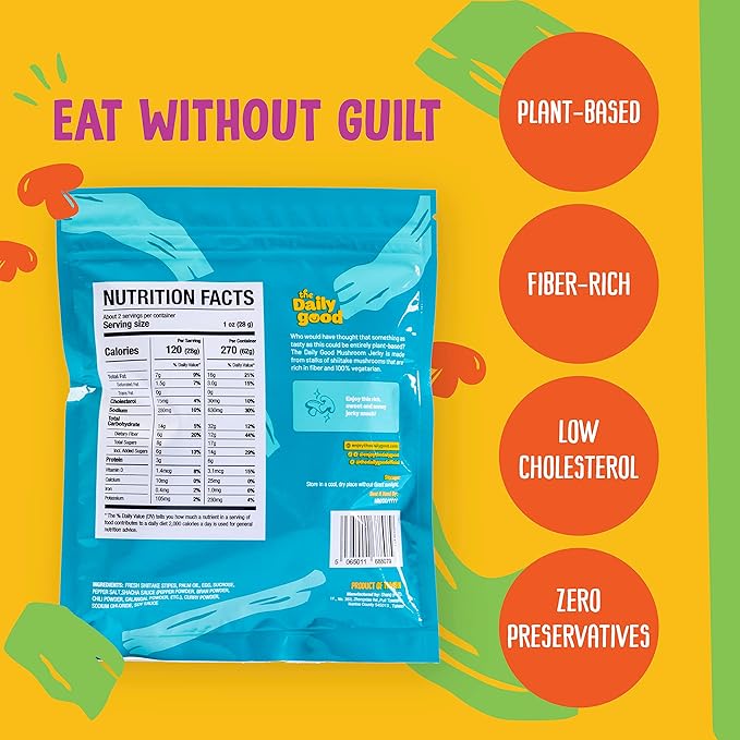 The Daily Good Mushroom Jerky - Single-Pack Snacks, Yummy High-Fiber Mushroom Snack, Meatless &