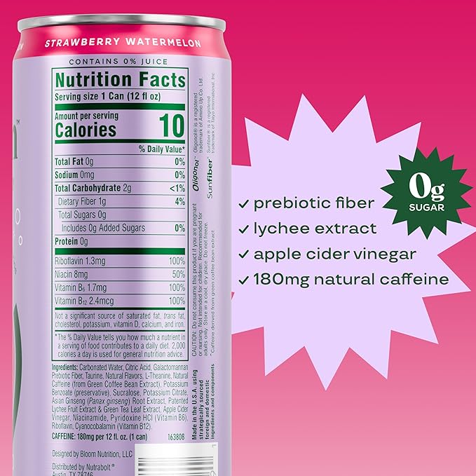 Bloom Nutrition Sparkling Energy Drink - Natural Caffeine, Zero Sugar, 180mg Caffeine