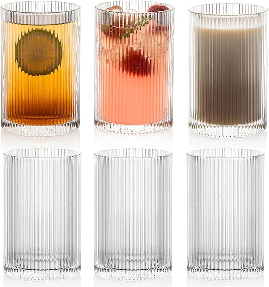 Vintage Ribbed Glassware Set: 6pcs 16.9oz XL Drinking Glasses, Fluted Ripple Drinkware, Origami
