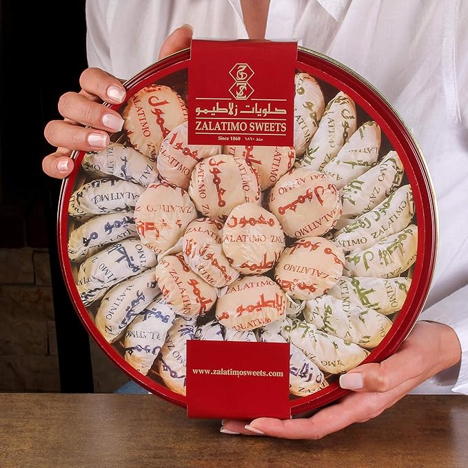 Zalatimo Sweets Since 1860, 100% All Natural Assorted Mamoul Shortbread Cookies, Round Gift Tin