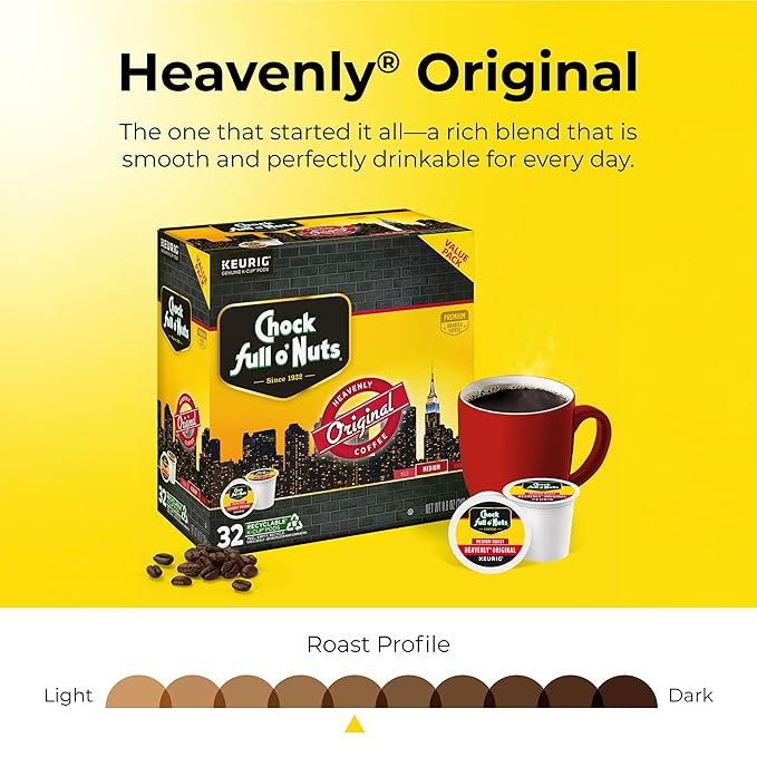 Chock full o’Nuts Heavenly Original Keurig K-Cup Pods for Keurig Brewers – Premium Arabica, Medium