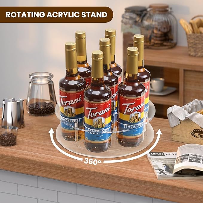 IEEK Large Rotating Coffee Syrup Organizer 7 Bottles Clear Acrylic Coffee Syrup Rack for Countertop