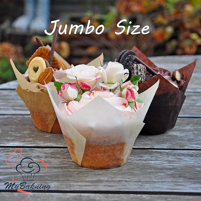 (JUMBO EXTRA LARGE size) Natural+Brown+White Tulip Baking Cups 2-1/4"(Base diameter) x 3-3/4"(Wall