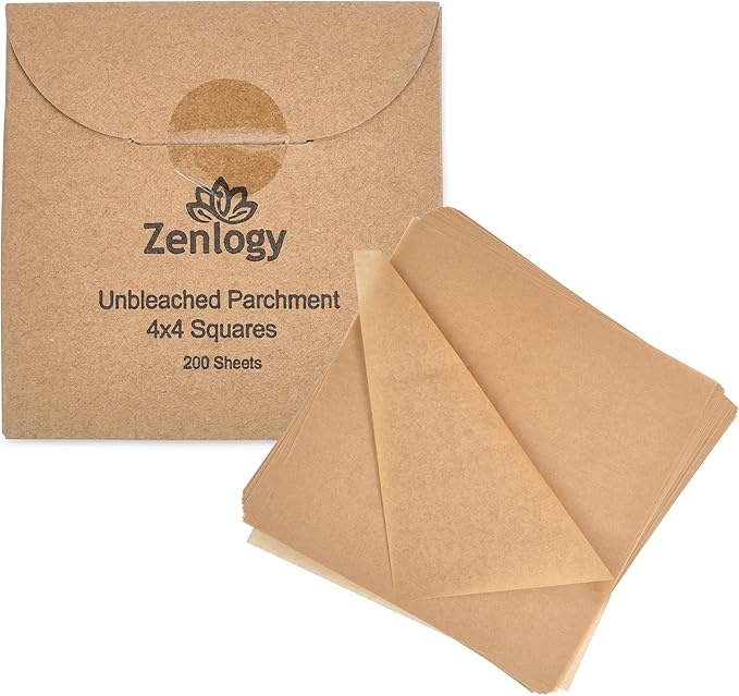Zenlogy 4x4 Small Parchment Paper Squares (200 sheets) - Unbleached, Non-stick, Pre-cut Parchment