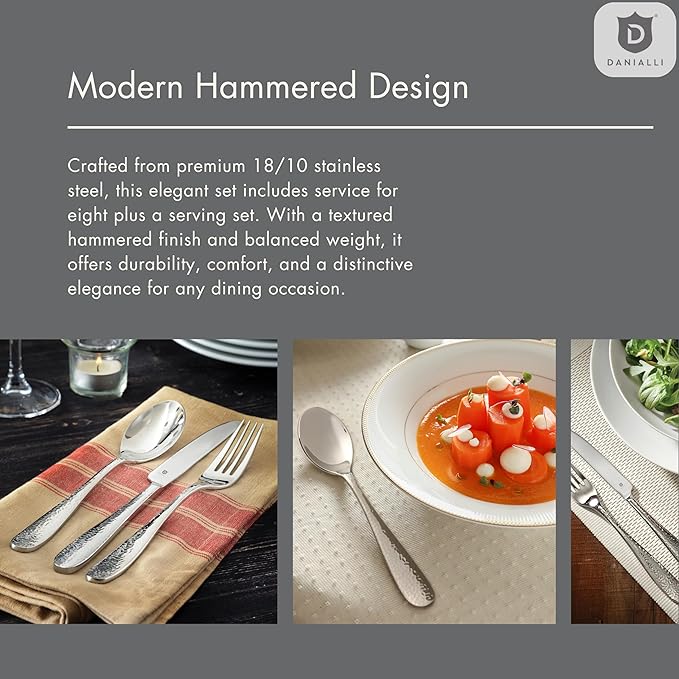 Hammered Silverware Set | Premium 18/10 Stainless Steel Flatware Service for 12 | Heavy-Duty &