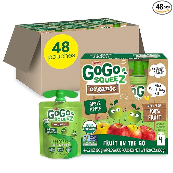 GoGo squeeZ Organic Applesauce and Fruit Puree, Apple Apple, 3.2 oz (Pack of 48), Unsweetened