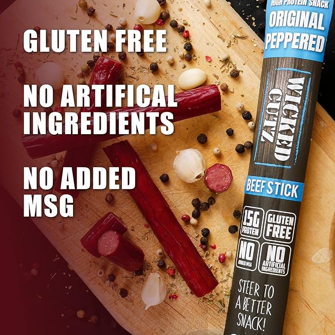 Wicked Cutz Original Peppered Beef Sticks, 15g Protein Per Beef Stick, Tender & Juicy Extra Large