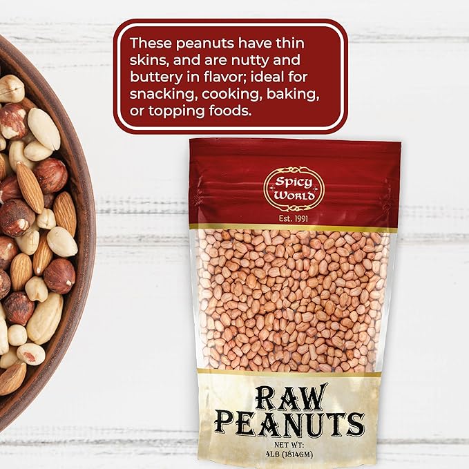 Spicy World Peanuts, Raw Whole With Skin (Uncooked, Unsalted) 4 Pound (64oz) ~ All Natural - USA