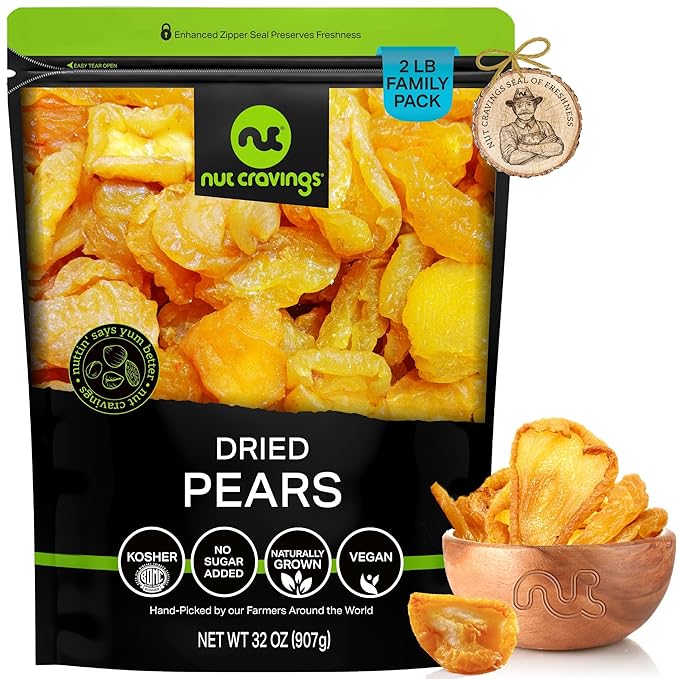 NUT CRAVINGS - Sun Dried California Pears, No Sugar Added, Unsweetened (32oz, 2 LB) Bulk Dry Fruits