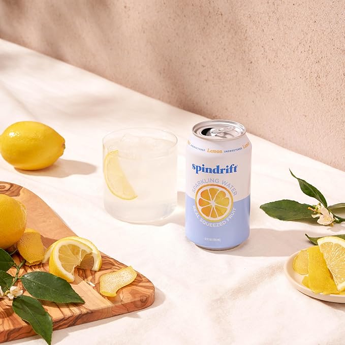 Spindrift Sparkling Water, Lemon Flavored, Made with Real Squeezed Fruit, 12 Fl Oz Cans, Pack of 24