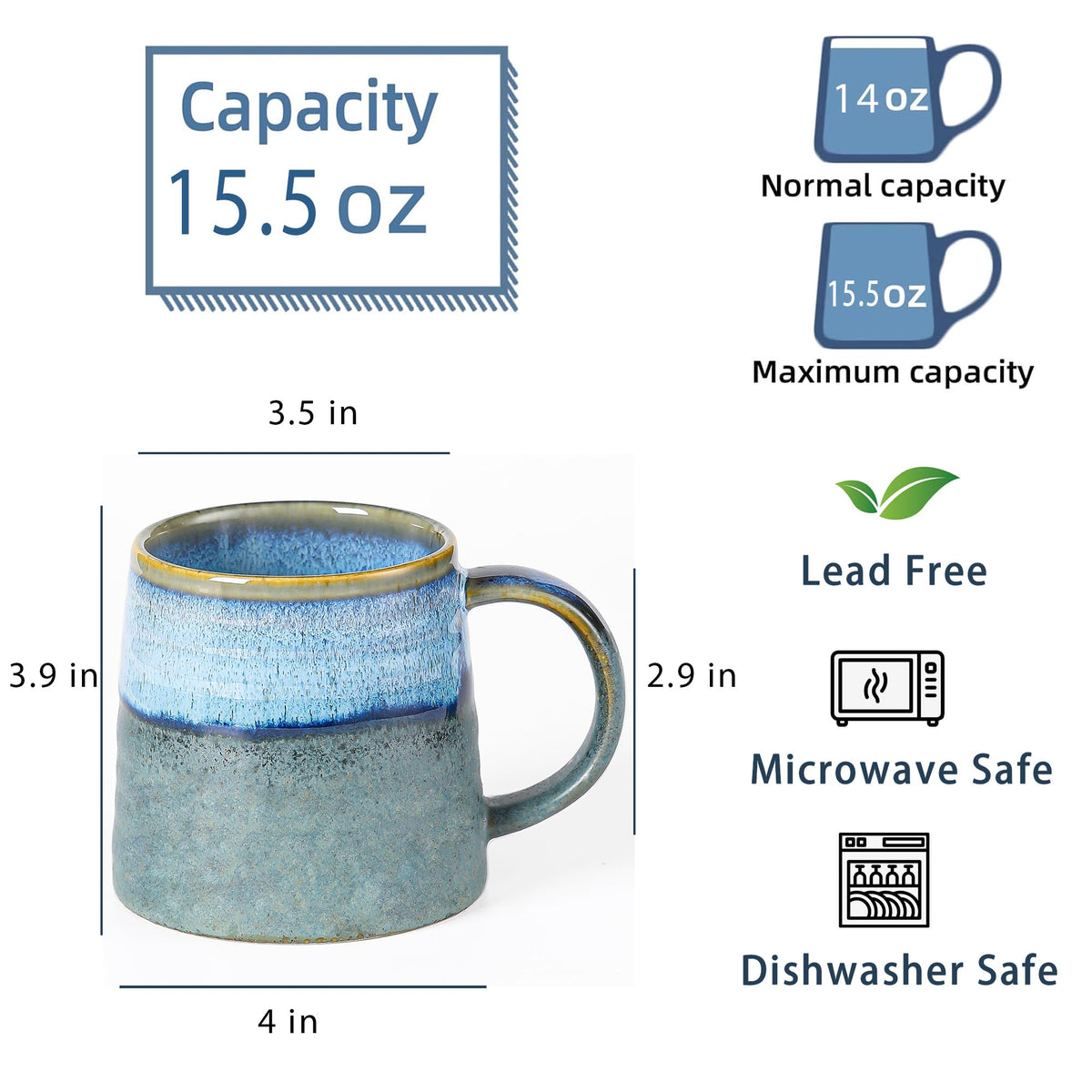 masoline Ceramic Coffee Mug, 15.5 oz Handmade Tea Cup for Office and Home