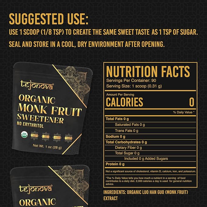Organic Monk Fruit Powder, Pure Monk Fruit Sweetener No Erythritol, Monkfruit Sweetener Pure