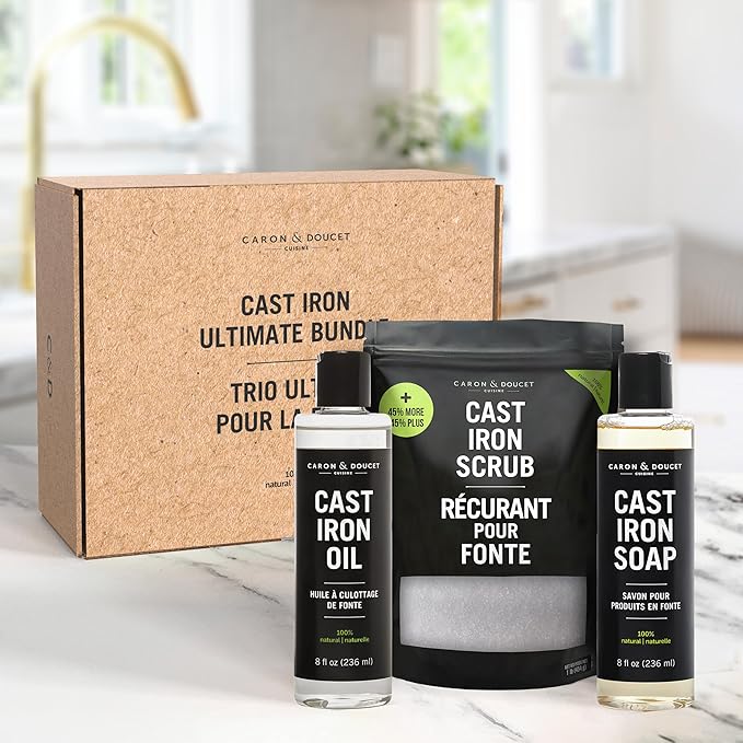 CARON & DOUCET ??New Ultimate Cast Iron Set: Seasoning Oil, Cleaning Soap & Restoring Scrub | 100%