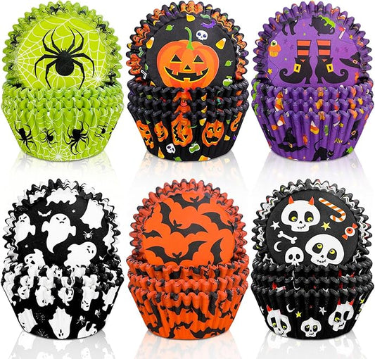 Whaline 600Pcs Halloween Cupcake Liners Pumpkin Witch Legs Bats Ghosts Spider Skulls Cupcake