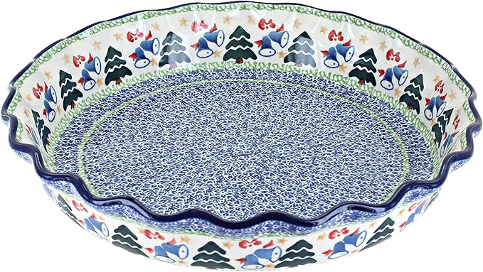 Blue Rose Polish Pottery - Blue Winter Bells Pie Plate - 10" Diameter - Ceramic Baking Dish, For