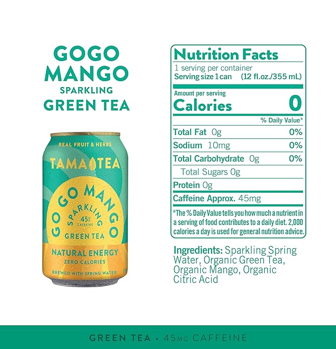 Tama Tea Sugar-Free Sparkling Green Tea, Mango – Organic & Naturally Energizing – Zero Calories