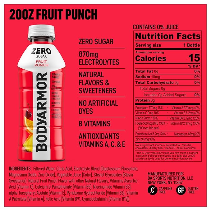 BODYARMOR ZERO Sugar Fruit Punch, Sugar Free Sports Drink - Low-Calorie Hydration - Natural Flavors