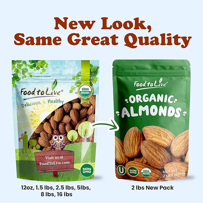 Food to Live Organic Dry Roasted Almonds, 12 Ounces – Non-GMO, Unsalted, Vegan, Keto, Paleo