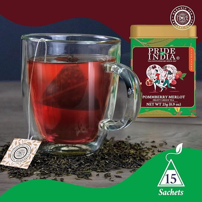 Pride of India | PommBerry Merlot Fruity Green Tea | 15 Pyramid Full Leaf Individually Wrapped Tea