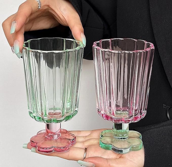 Tall Ripple Drinking Glasses Set of 2 (Pink & Green), Flower Petal Style Glass Goblet, Suitable for