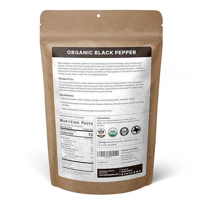SPICY ORGANIC Black Peppercorns ??8 oz - Whole, Fresh, and Spicy Black Pepper for Grinder Refill