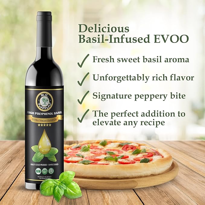M.G. PAPPAS High Polyphenol Rich Basil Infused Olive Oil - Extra Virgin Olive Oil - Over 500mg/kg