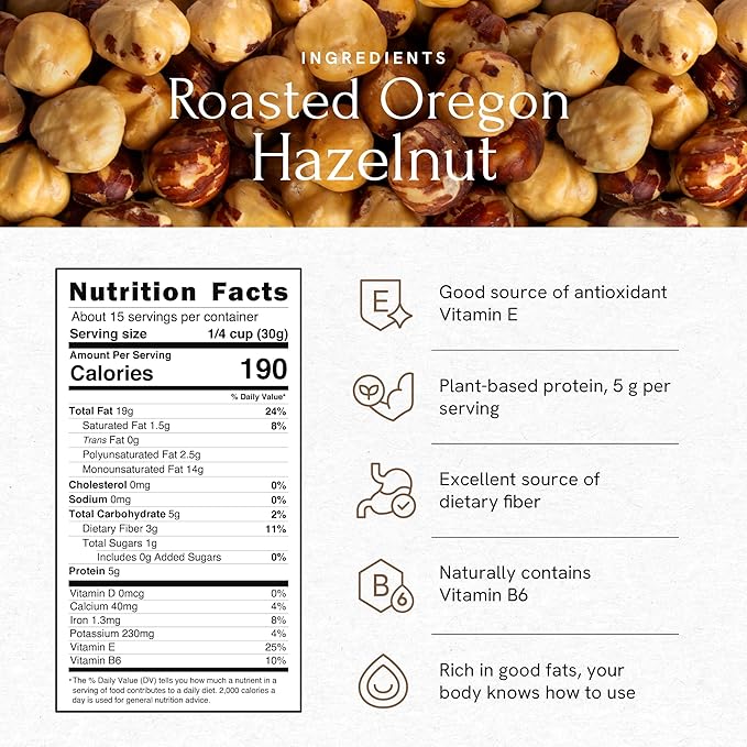 Snackathon Roasted Oregon Hazelnuts, Unsalted, Dry Roasted, Whole Filberts, Premium Natural Nuts
