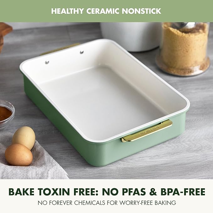 GreenPan Bakeware Rectangular Cake Pan, Ceramic Nonstick Baking Pan, PFAS & BPA Free, Gold Handles