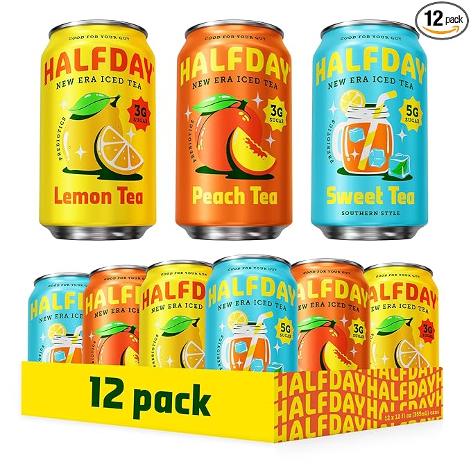 HALFDAY Prebiotic Iced Tea Lemon, Peach, Sweet Tea Variety Pack, Gut Health, Plant Fiber &