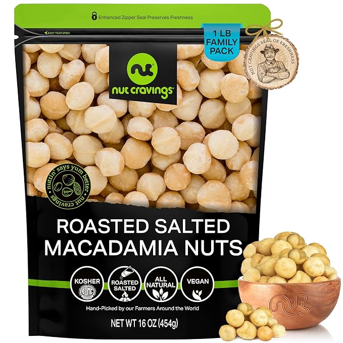 NUT CRAVINGS - Roasted & Salted Macadamia Nuts - No Shell, (16oz - 1 LB) Bulk Nuts Packed Fresh in