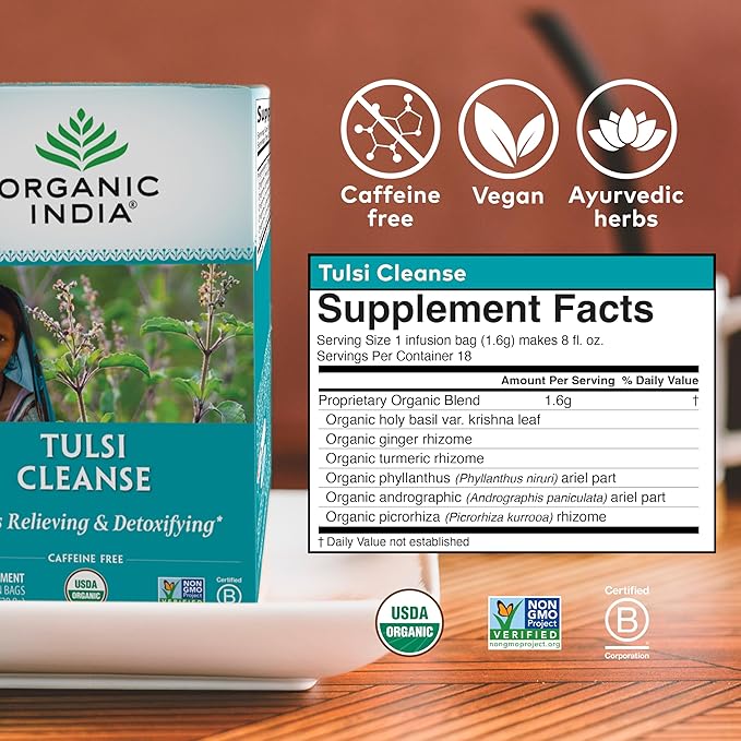 ORGANIC INDIA Tulsi Cleanse Tea - Holy Basil, Ginger, Turmeric, Herbal Tea, Stress Relieving &