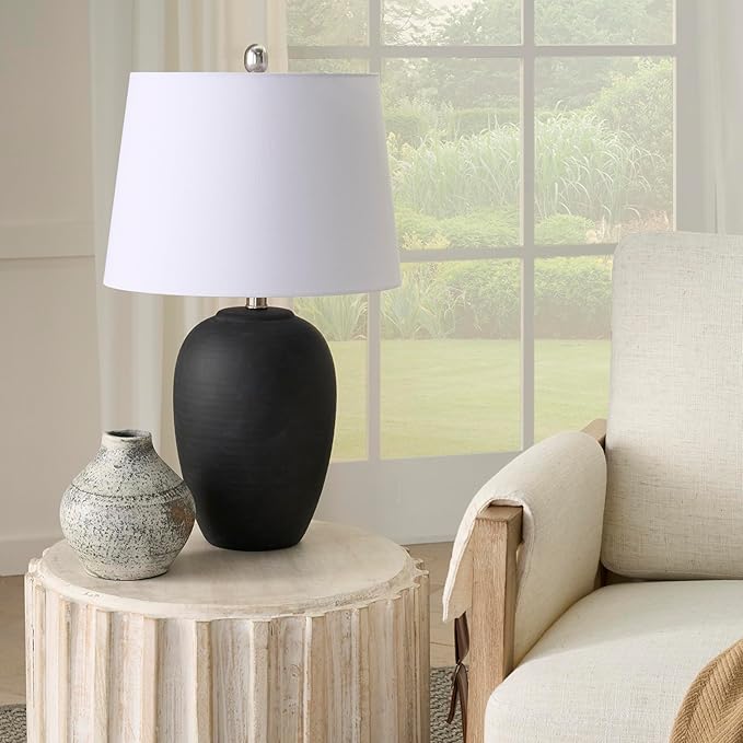 Nourison Home 23" Black Vintage Distressed Ceramic Pot Table Lamp for Bedroom, Living Room, End