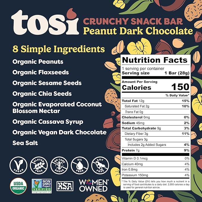Tosi Peanut Dark Chocolate Protein Bars (8G) - Plant Based Healthy Snacks, Gluten-Free Crunchy
