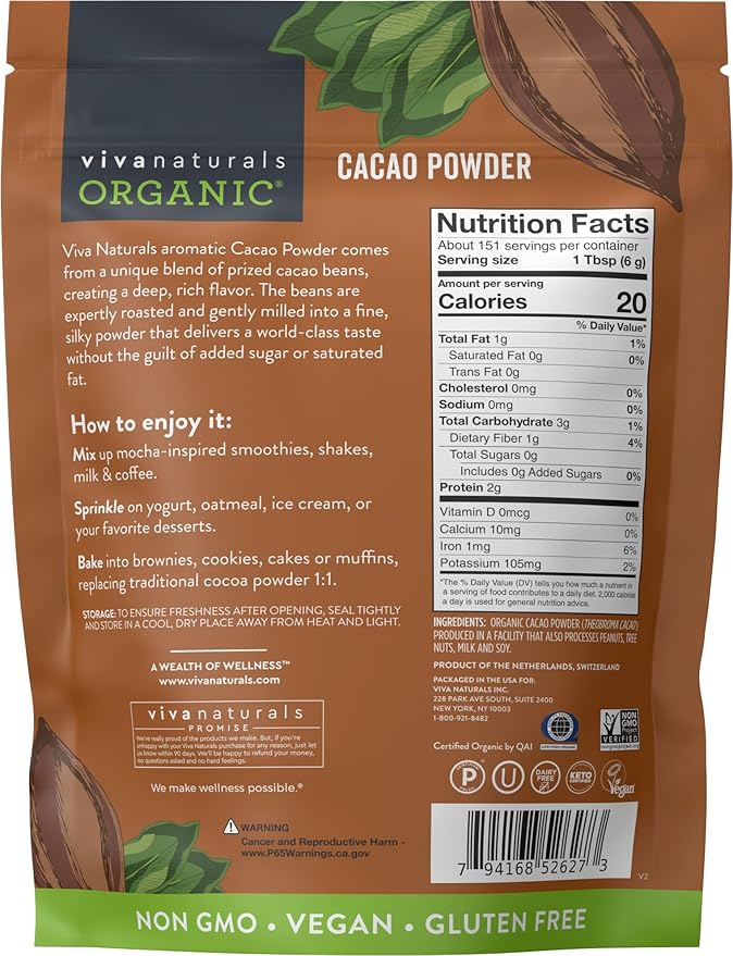 Viva Naturals Organic Cacao Powder, 2lb - Unsweetened Cocoa Powder With Rich Dark Chocolate Flavor