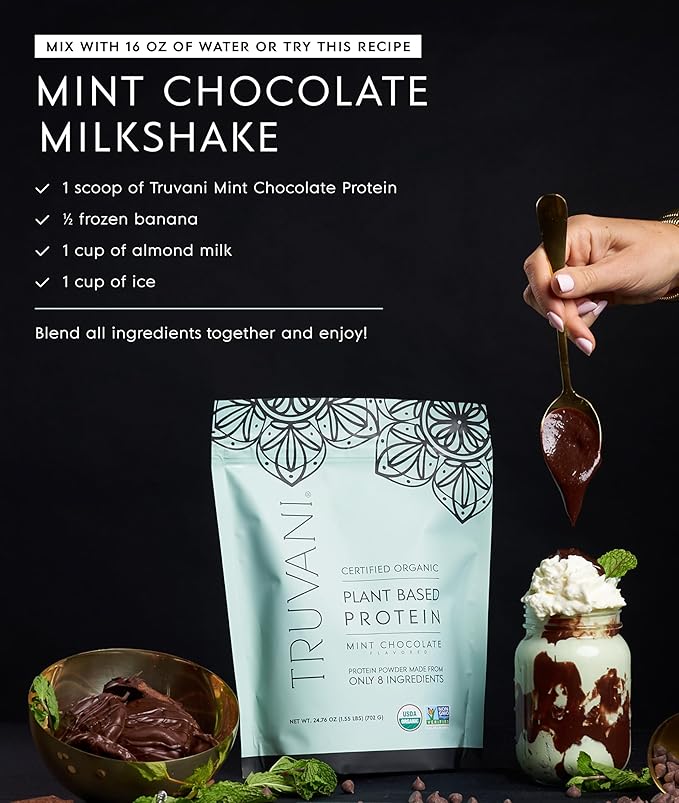 Truvani Vegan Pea Protein Powder | Mint Chocolate | 20g Organic Plant Based Protein Per Serving |