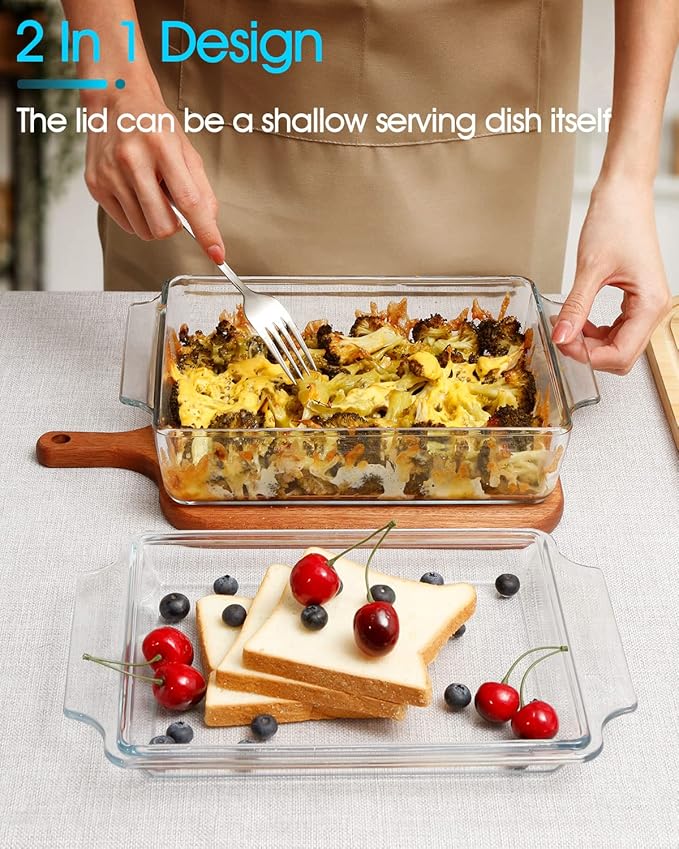 NUTRIUPS 8 x 9.5 Inches Rectangular Glass Casserole Dish With Glass Lid 2 Quart Glass Bakeware