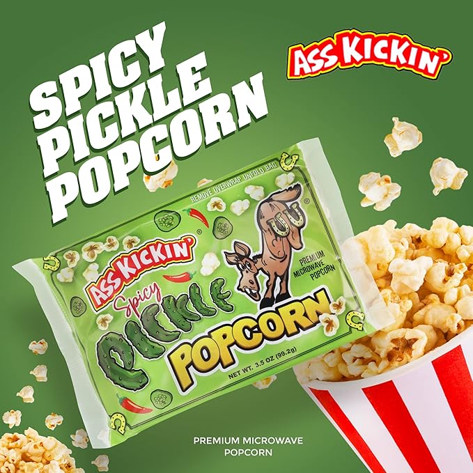 ASS KICKIN' Spicy Pickle Microwave Popcorn Bags - 12 Pack - Ultimate Spicy Pickle Gourmet Popcorn