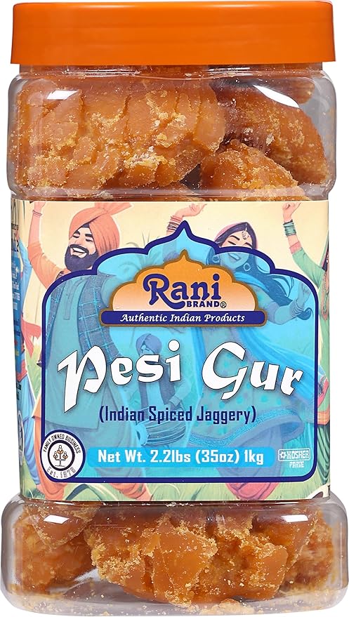 Rani Pesi Gur (Jaggery) Indian Unrefined Raw Cane Sugar 35oz (2.2lbs) 1kg PET Jar ~ Gluten Friendly