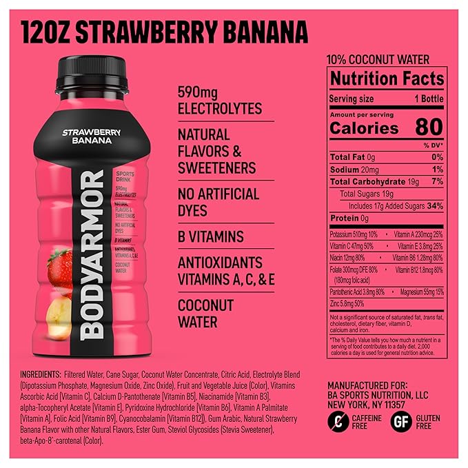 BODYARMOR Sports Drink Sports Beverage, Strawberry Banana, Coconut Water Hydration, Natural Flavors